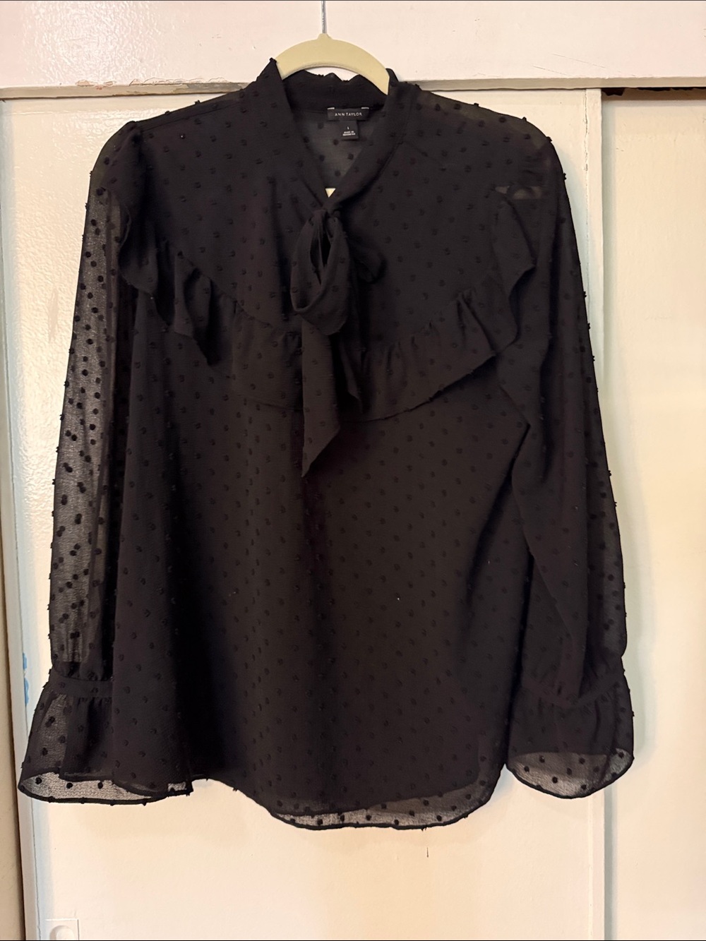 Ann Taylor Factory Black Swiss Dot Ruffle Tie-Neck Blouse